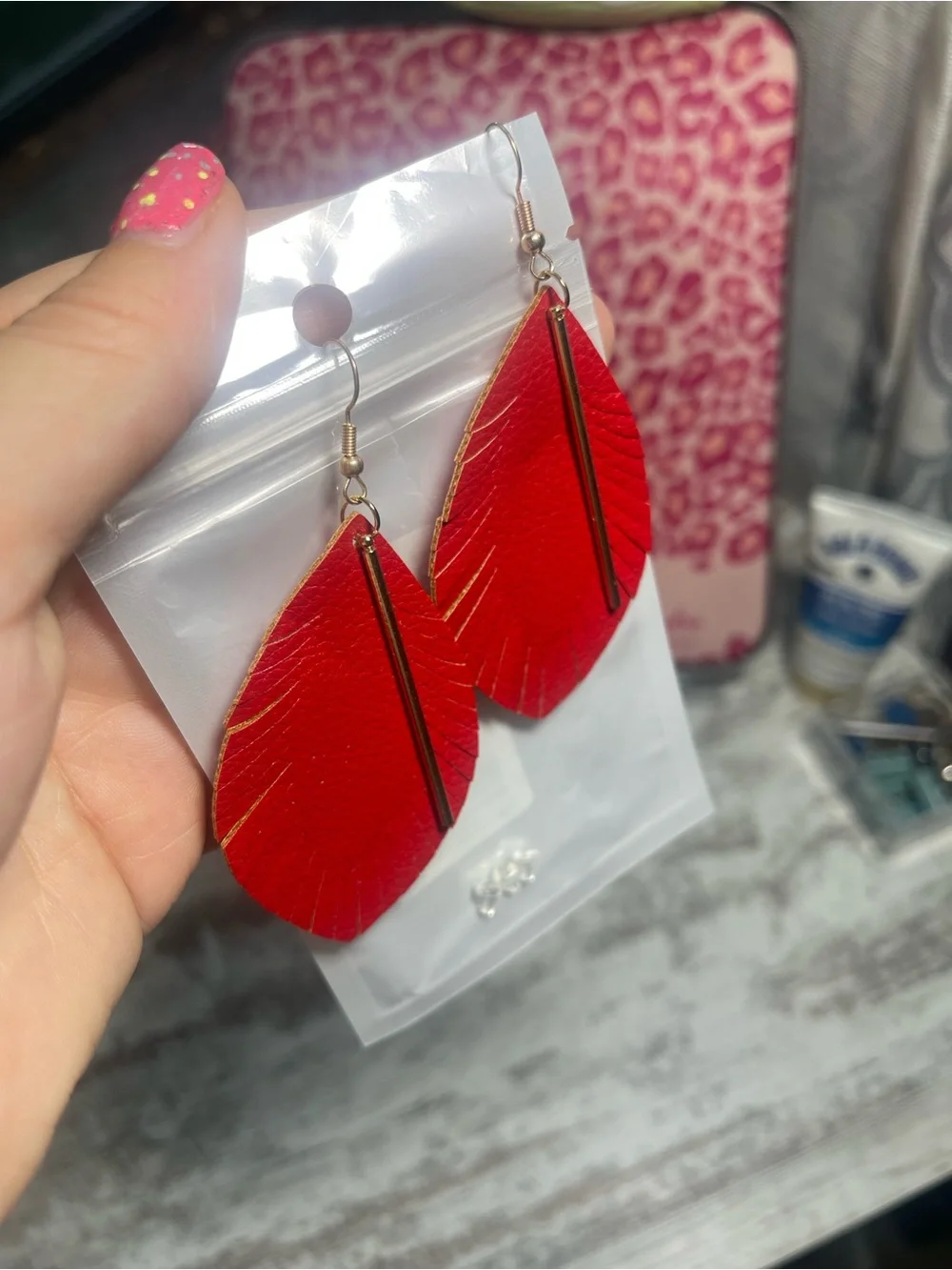 Boho Chic Vegan Leather Feather Leaf Drop Earrings with Gold Accent